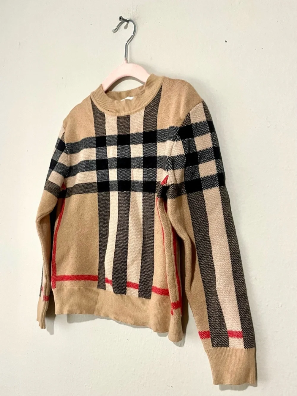 Burberry Tan Black Cream Plaid Kids Sweater with Red Accents
